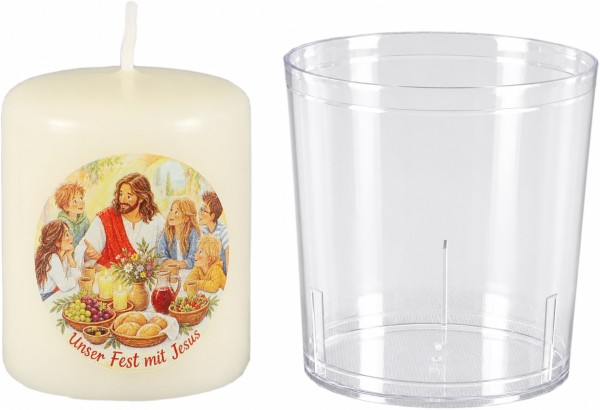 Stumpenkerze + Becher, 60x50, Unser Fest mit Jesus | Motiv auf der Kerze