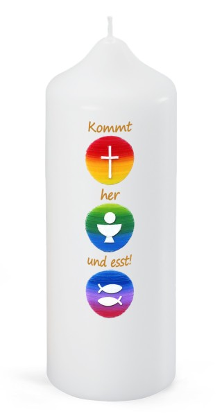 Patenkerze, Kommt her und esst!, Symbole, P135, Größe und Farbe wählbar