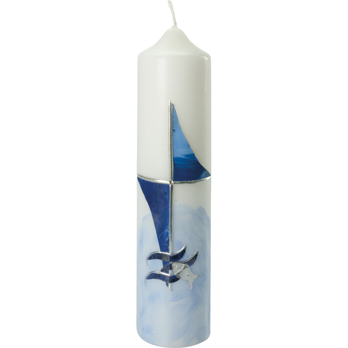 Taufkerze, Kreuz, Wasser, Fische, blau, silber, 265x60, #2076