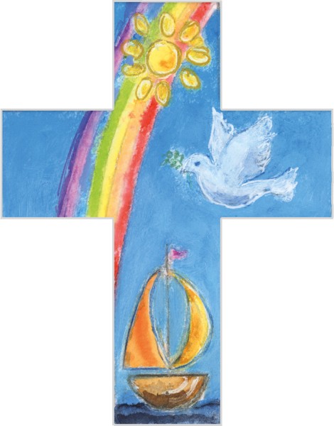 Holzkreuz, 810196, Regenbogen, Sonne, Taube, Schiff, 9 x 7 cm, Holz bedruckt