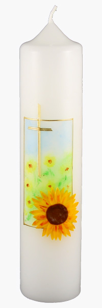Kommuniontischkerze, 4848, 265x60, weiß, Sonnenblume, Kreuz, gerahmt