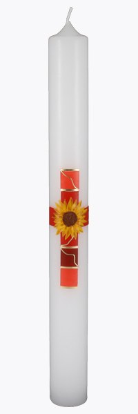 Kommunionkerze, 5847, 400x40, weiß, Sonnenblume, Kreuz, rot, gold
