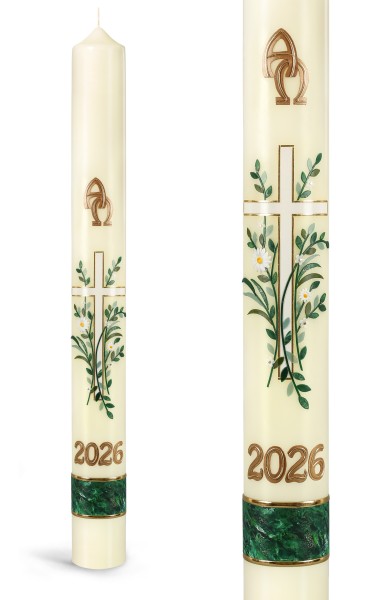 Osterkerze, 2026, weiße Blüten, weißes Kreuz, Alpha, Omega, Jahreszahl gold, Nr.24123 - Detailansicht