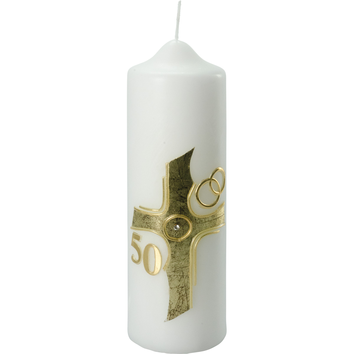 Goldene-Hochzeitskerze, goldenes Kreuz, Ringe, -50-, 225x70, Nr.959