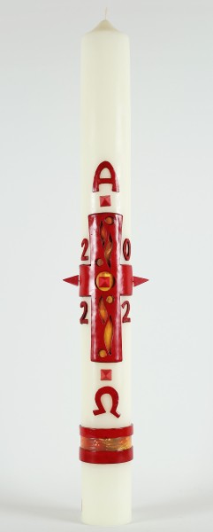 Osterkerze, 800 x 80 mm, Kreuz, rot, gelb, Alpha und Omega mit Jahreszahl in rot, Einzelstück, Abverkauf, 1848