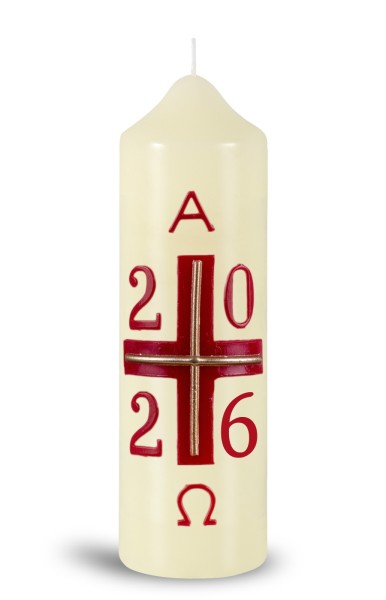 Ostertischkerze, 1274, 165x50, Kreuz-rot-gold mit Jahreszahl 2026