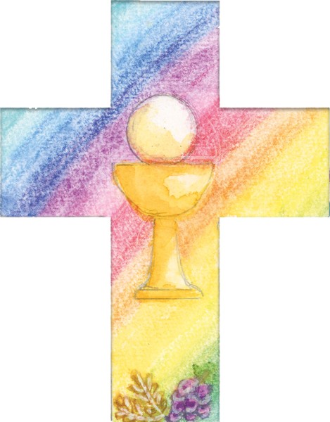 Holzkreuz, 810199, Regenbogen, Kelch, Hostie, Trauben, 9 x 7 cm, Holz bedruckt