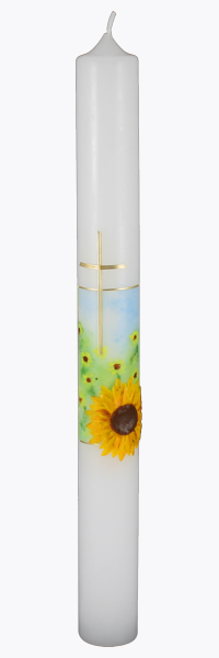 Kommunionkerze, 5848, 400x40, weiß, Sonnenblume, Kreuz, blau grün gold