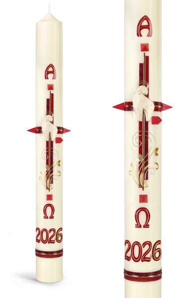 Osterkerze, 2026, Kreuz rot, Lamm, mit roten Wachsnägeln, Nr.155 - Detailansicht