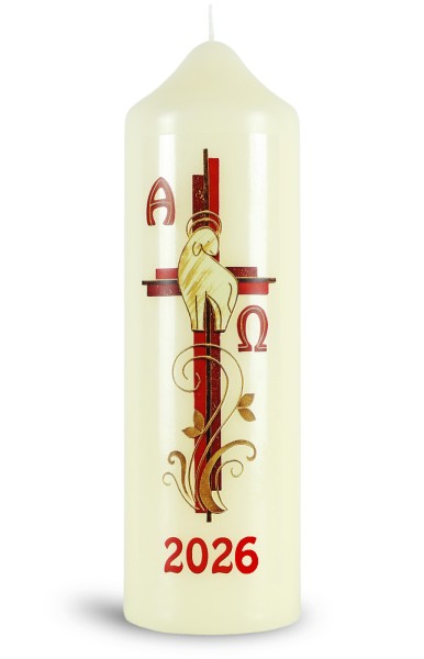 Ostertischkerze, 2026, Kreuz rot, Lamm, Fotodruck, Nr.0155, 165x50