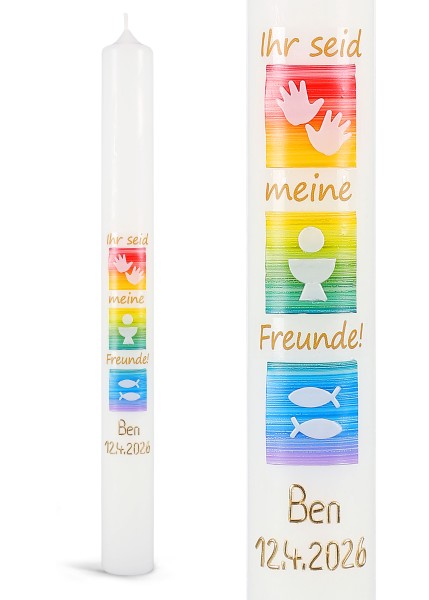 Kommunionkerze, Ihr seid meine Freunde!, Symbole, Hände, Kelch, Hostie, Fische, 5951, Größe/Farbe wählbar