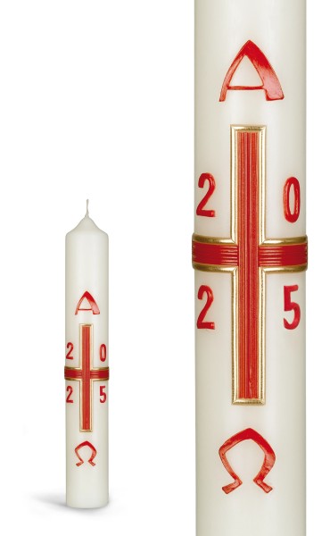 Osterkerze, 2025, 400 x 60 mm, Kreuz, rot-gold, Alpha und Omega mit Jahreszahl in rot