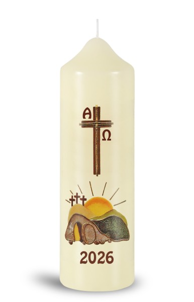 Ostertischkerze, 2026, offenes Grab, Kreuz, Fotodruck, Nr.240124, Größe wählbar