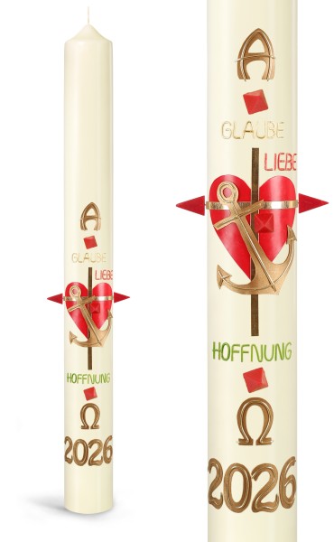 Osterkerze, 2026, Glaube Liebe Hoffnung, goldenes Kreuz+A+Ω+JZ+Nägel gold, Nr.26130 - Detailansicht