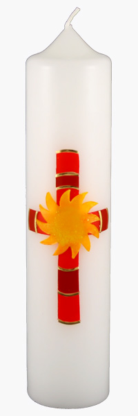 Kommuniontischkerze, 4860, 265x60, weiß, Sonne, Kreuz, rot, gold