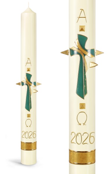 Osterkerze, 2026, Grünes Kreuz, A+Ω+Jahreszahl gold, mit goldenen Nägeln, Nr.25128 - Detailansicht
