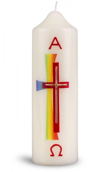 Ostertischkerze, 6046, 165x50, Kreuz rot-gold, A+Ω in rot