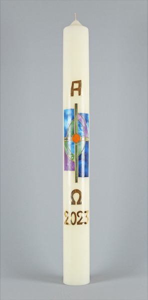 Osterkerze, 900x90mm, Kreuz gold blautöne, A+Ω+Jahreszahl glanzgold, Einzelstück, Abverkauf, 1771