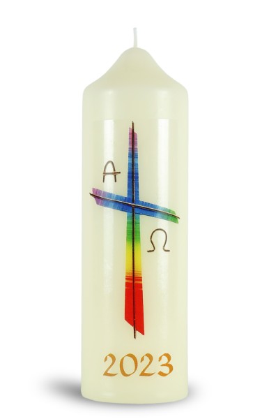 Ostertischkerze, 2023, Regenbogenkreuz, mit Jahreszahl, Fotodruckmotiv, Nr. 0110
