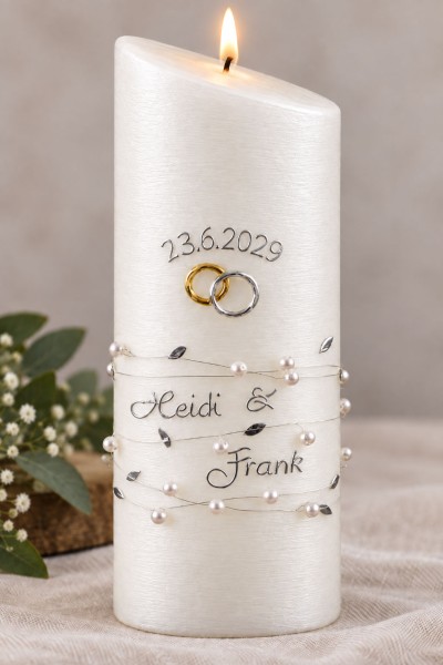 Hochzeitskerze, 4401, Oval 230x90x60, silberglanzstruktur, Perlen