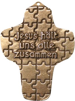 Bronzekreuz, Kommunionandenken, Jesus hält uns alle zusammen, Puzzle, 142174, Höhe 9 cm