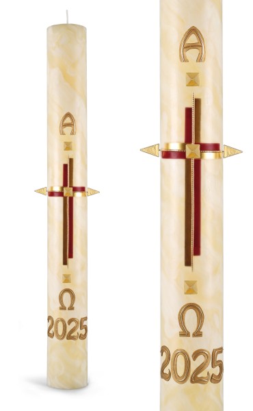 Osterkerze, 2025, 100% Bienenwachs, Kreuz rot-gold, A+Ω+JZ rot/gold m gold. Wachsnägeln, Nr.25131