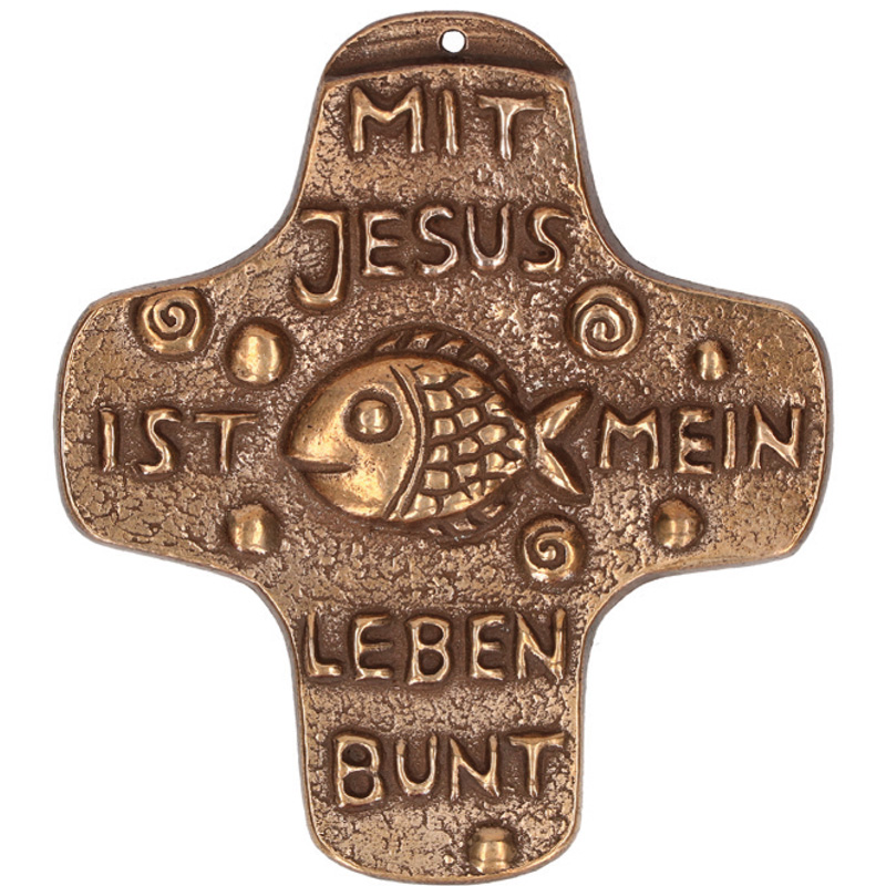 Bronzekreuz 142202, Mit Jesus ist mein Leben bunt, Höhe 9 cm