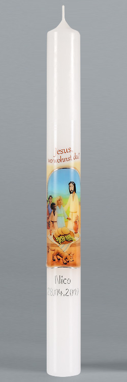 Kommunionkerze, 5918, 400x40, weiß, Jesus, wo wohnst Du?, silber, BFW