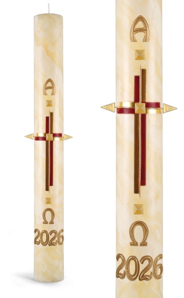 Osterkerze, 2026, 100% Bienenwachs, Kreuz rot-gold, A+Ω+JZ rot/gold m gold. Wachsnägeln, Nr.25131 - Detailansicht