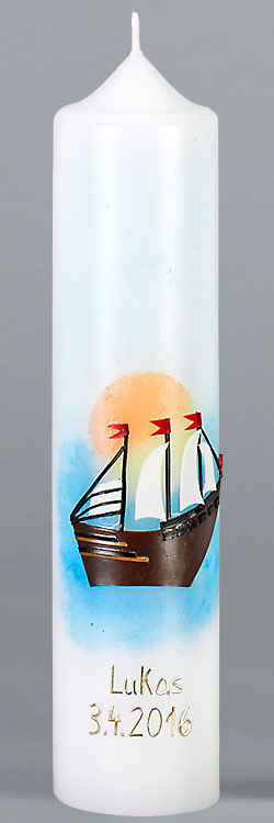 Kommuniontischkerze, 4877, 265x60, weiß, Windjammer, braun, blau