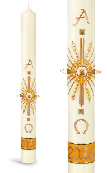 Osterkerze, 2026, Kreuz, Sonne, orange, gold, mit goldenen Wachsnägeln, Nr.154 - Detailansicht