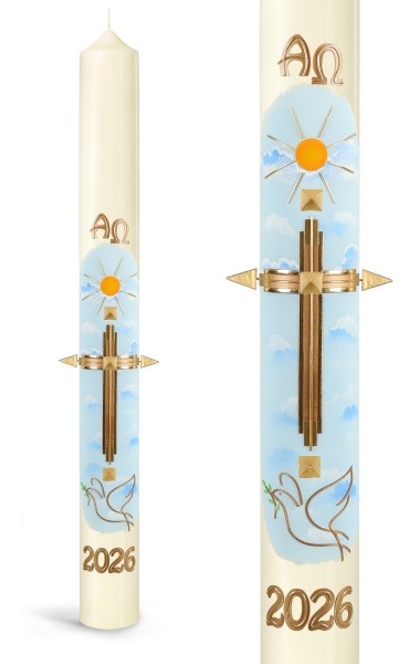 Osterkerze, 2026, Friedenstaube, Sonne, goldenes Kreuz+A+Ω+JZ, Nr.26131 - Detailansicht