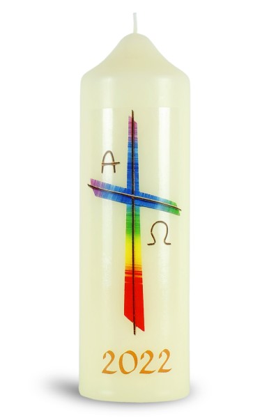 Ostertischkerze, 2022, Regenbogenkreuz, mit Jahreszahl, Fotodruckmotiv, Nr. 0110