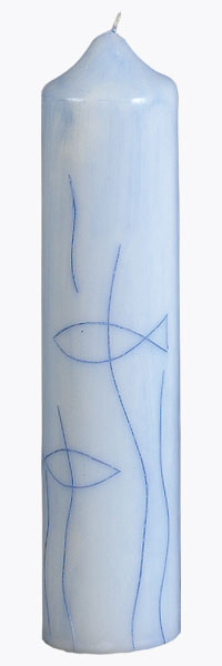 Taufkerze, Fische, Wasser, blau, Wisch- u. Kratztechnik, 265x60, Nr.267