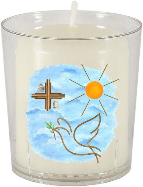50 Motivbecher, Friedenstaube, Kreuz, Sonne, mit Stumpenkerze 60x50mm