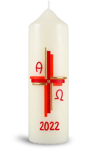 Ostertischkerze, Kreuz, rottöne, gold, mit Jahreszahl rot, 0105, Größe wählbar
