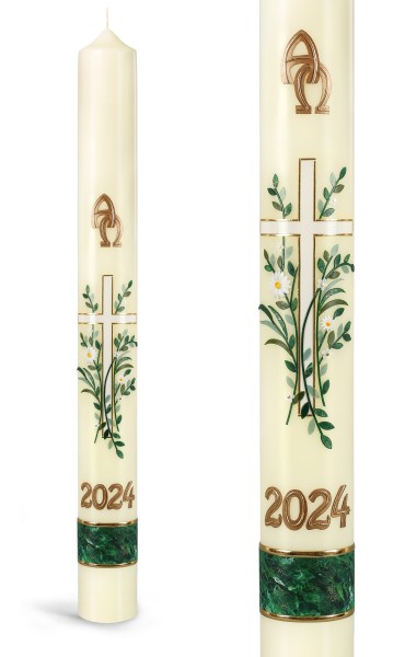 Osterkerze, 2024, weiße Blüten, weißes Kreuz, Alpha, Omega, Jahreszahl gold, Nr.24123 - Detailansicht