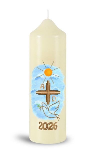 Ostertischkerze, 2026, Friedenstaube, Sonne, Kreuz, Fotodruck, Nr.260131, Größe wählbar