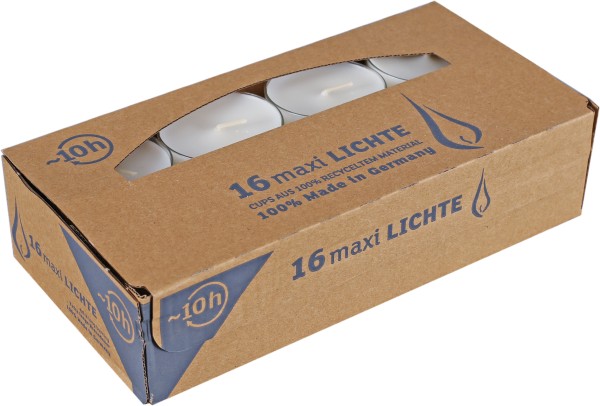 16 Maxi-Teelichte, Brenndauer 10 Stunden, Ø54mm, transparente Hülle, maxilights, made in germany