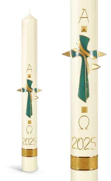 Osterkerze, 2025, Grünes Kreuz, A+Ω+Jahreszahl gold, mit goldenen Nägeln, Nr.25128 - Detailansicht