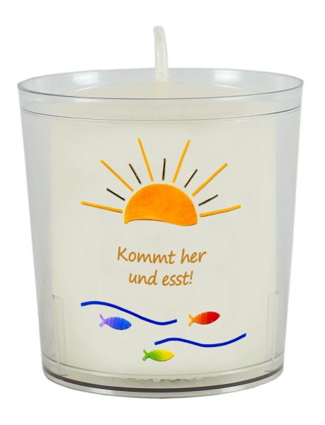 Stumpenkerze + Becher, 60x50, Kommt her und esst!, Sonne, Fische, Fotodruck