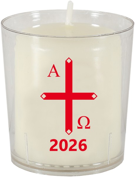 50 Motivbecher, Kreuz mit Alpa, Omega, Jahreszahl, 2026, mit Stumpenkerze 60x50mm