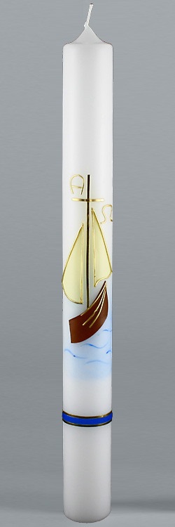 Kommunionkerze, 5832, 400x40, weiß, Schiff, braun, blau, creme, gold