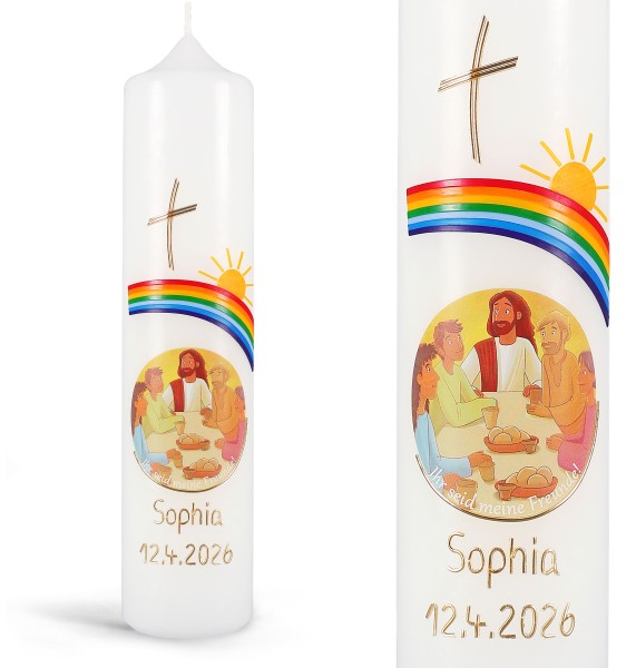 Kommuniontischkerze, Ihr seid meine Freunde!, Regenbogen, 4949, Größe / Farbe wählbar