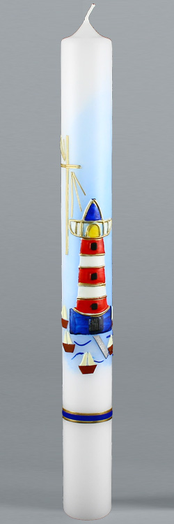 Kommunionkerze, 5846, 400x40, weiß, Leuchtturm, blau, rot, gold