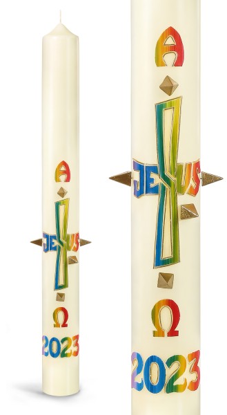 Osterkerze, 2023, Kreuz mit Schriftzug Jesus, Jahreszahl / A / O in Regenbogenfarben, m. goldenen Wachsnägeln, Nr.23118, Detailansicht