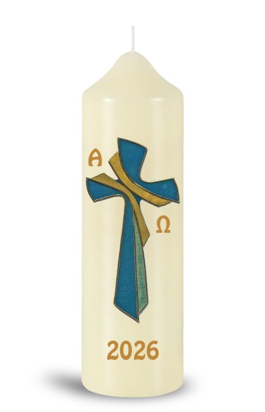 Ostertischkerze, 2026, Grünes Kreuz, Fotodruck, Nr.250128, Größe wählbar