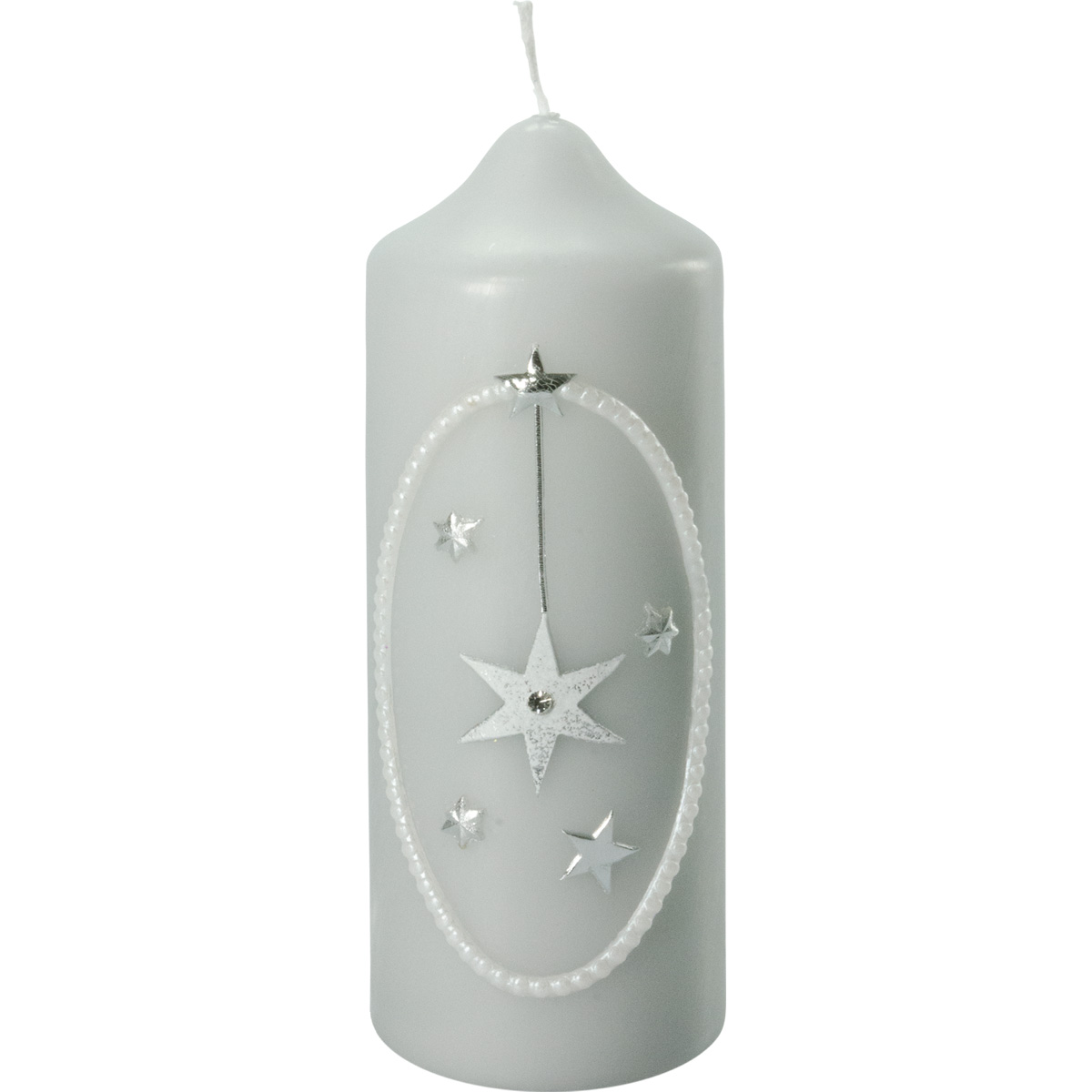 Weihnachtskerze, 2743, 16,5 x 6 cm, grau, 5 Sterne, silber