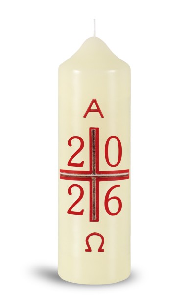 Ostertischkerze, 2026, 165x50, Kreuz, Farben wählbar, Alpha, Omega, Jahreszahl, Fotodruck!, #1274F