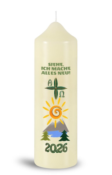 Ostertischkerze, 2026, Jahreslosung 2026, Siehe ich mache alles neu!, Fotodruck, Nr.260132, Größe wählbar